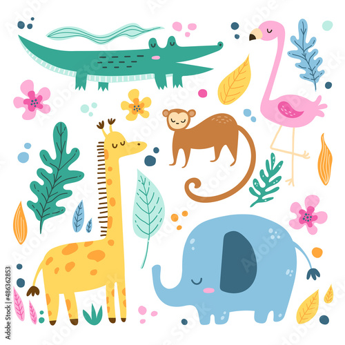 Vector illustration tropical animals and tropical leaves set. Giraffe  crocodile  flamingo  monkey  elephant