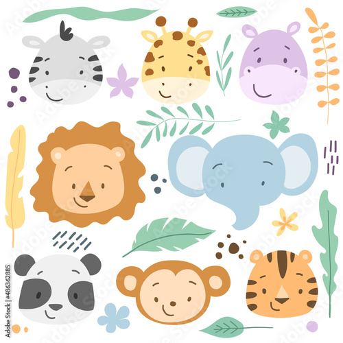 Vector illustration of tropical animals faces set. Zebra, giraffe, hippo, lion, elephant, panda, monkey, tiger