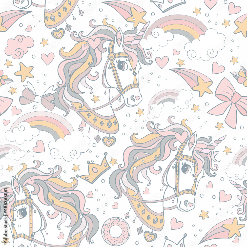Seamless pattern cute unicorns heads vector background white