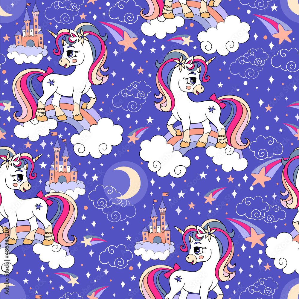 Fototapeta premium Seamless pattern cute unicorns and magic elements vector blue