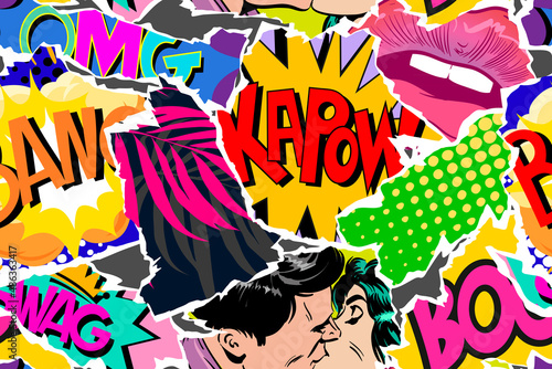 Seamless pattern pop art comics style. Collage of torn pieces from comic magazine. Creative art design backgrounds. Vector illustration. 
