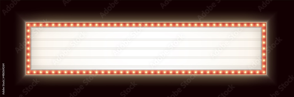 Wide retro lightbox with yellow light bulbs. Vintage theater signboard mockup. Red commercial announcement banner. Horizontal marquee billboard with lamps.