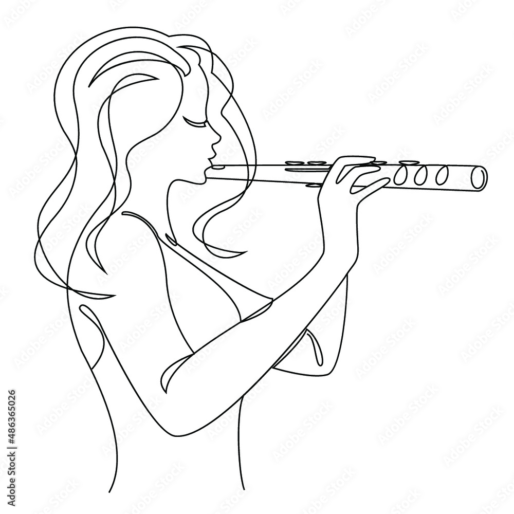 Silhouette of a beautiful woman with a flute in a modern continuous