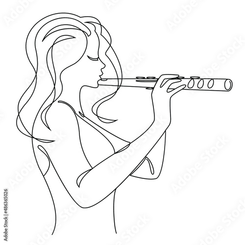 Silhouette of a beautiful woman with a flute in a modern continuous line style. Flute girl, slender. Continuous line drawing, decor aesthetic outline, posters, stickers, logo. Vector illustration.
