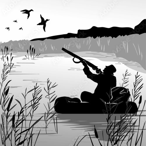 Hunter duck hunting. Man with gun in the boat. Scared duck with ducklings. Forest lake with ducks. Ducks flying in the sky. Vector illustration.