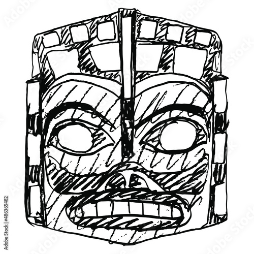 Native American ethnic mask of Haida Indians. Hand drawn linear doodle rough sketch. Black silhouette on white background.