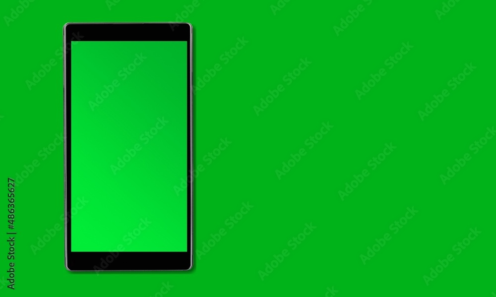 New modern smartphone with a blank screen on green background New modern smartphone with a blank screen on green background