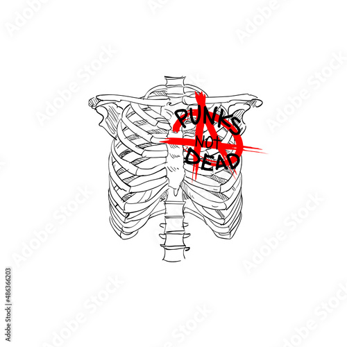 Chest skeleton with anarchy symbol. Punks not dead. Fashion t-sirt design. Hand drawn vector illustration. 
