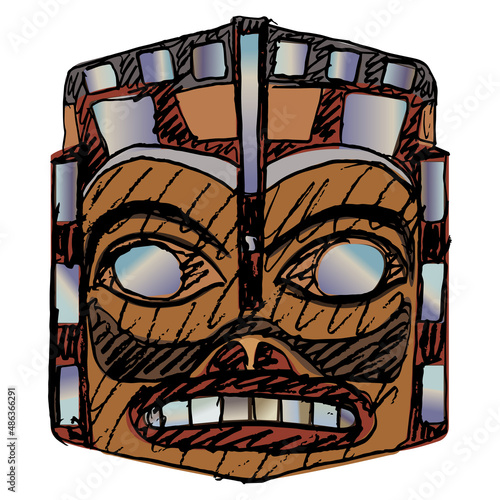 Native American ethnic mask of Haida Indians. Hand drawn colorful rough sketch. 