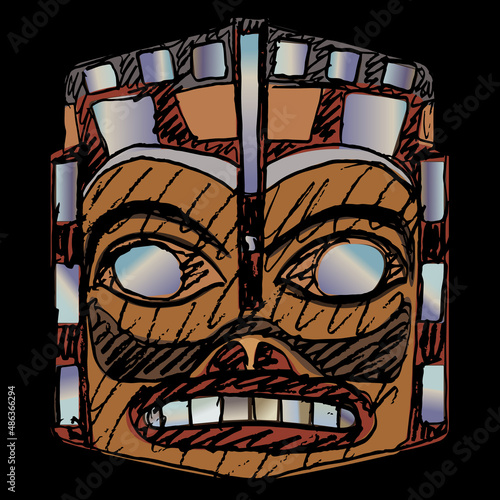 Native American ethnic mask of Haida Indians. Hand drawn colorful rough sketch. On black background.