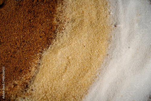 trois variétés de sucre différents étalés sur une table, en macro, blanc, bruns, roux