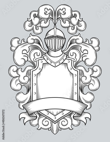 Graphic Art Line Drawing of Heraldic Coat of Arms. Shield with Helmet, Plume and Ribbon. Engraving Style Layout for Emblem or Logo. Black and White Isolated Vector Illustration.