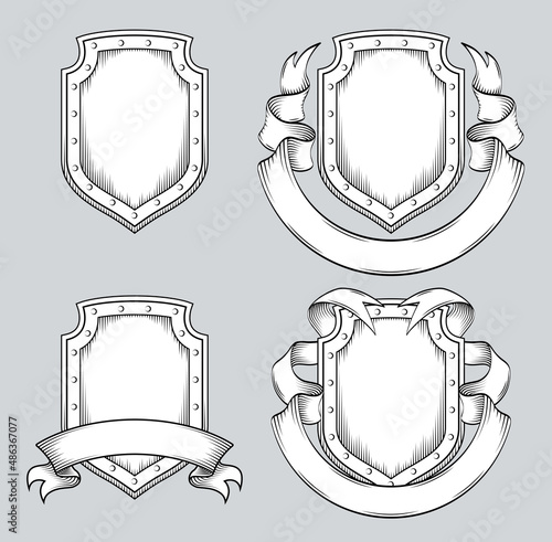 Graphic Art Line Drawing of Shield and Ribbon. Engraving Style Layout for Emblem or Logo. Coat of Arms Heraldic Emblem. Black and White Isolated Vector Illustration.