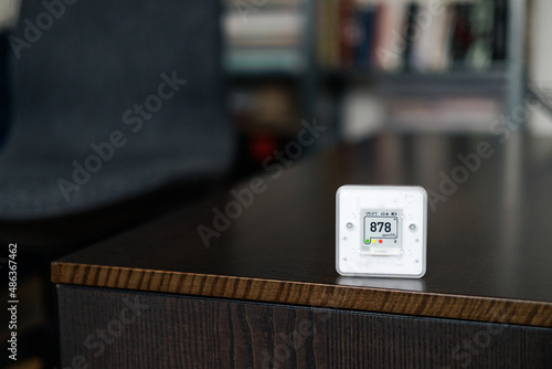 CO₂ sensor monitor. Indoor air quality sensor. Healthy work environment. Work control proper ventilation in your levels airflow in the room. Carbon dioxide levels and airflow. Smart home