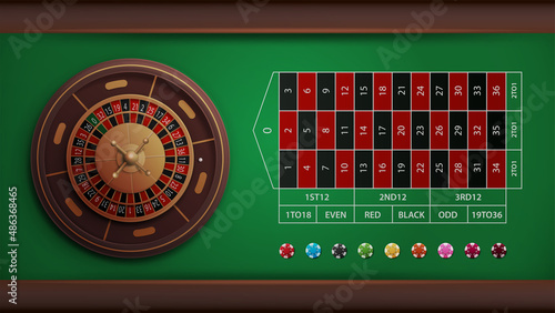 Casino roulette table with poker chips, top view. Realistic vector illustration.