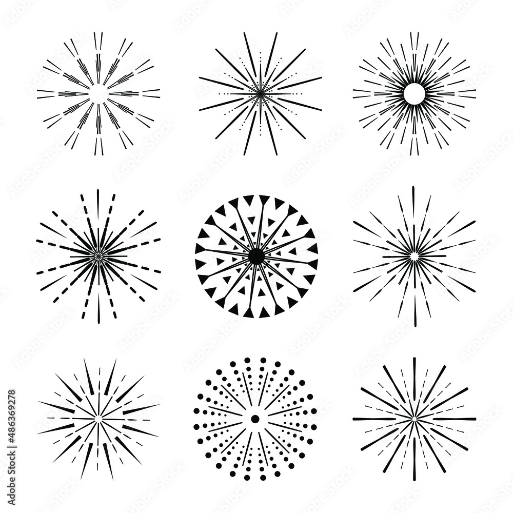 Festive fireworks black lines collection. Vector set of explosion rays design elements. Abstract burst contour firecracker pattern.