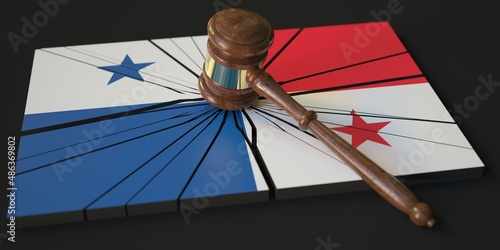 Broken block with flag of Panama and judge's gavel. Conceptual 3d rendering photo