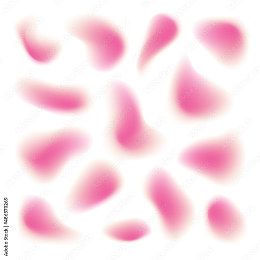 Pink fluid blurred shapes, abstract falling rose petals isolated on white.