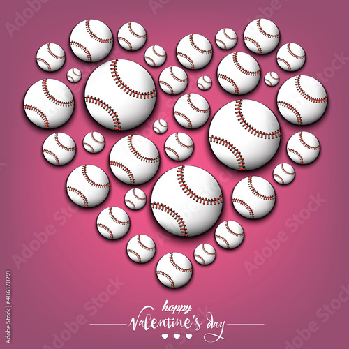 Happy Valentines Day. Heart made of baseball balls. Design pattern for greeting card, banner, poster, flyer, invitation party. Vector illustration on isolated background