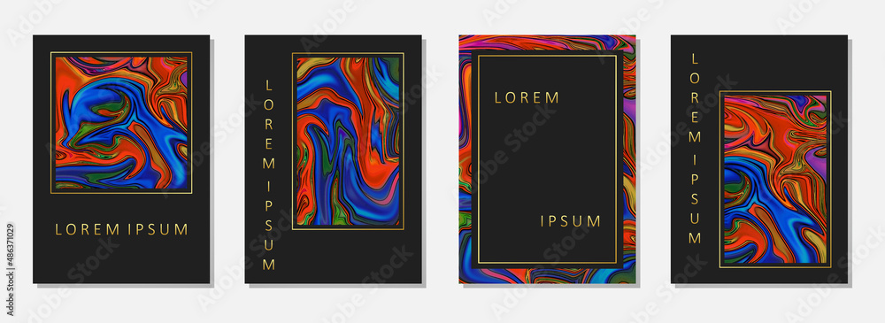 Obraz premium Cover design set. Luxury black background with watercolor inserts, grunge marble texture, vertical templates with place for text. Actual design for brochure, catalog, book, poster, flyer.
