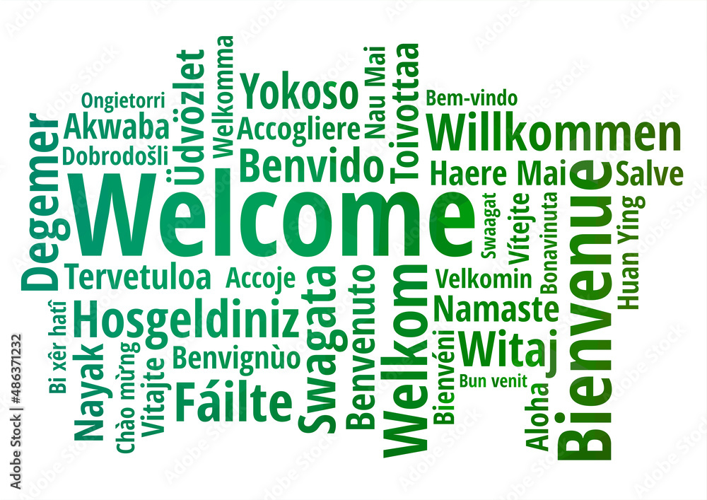WELCOME word cloud in different languages, concept green text on white background WELCOME word cloud in different languages, concept green text on white background