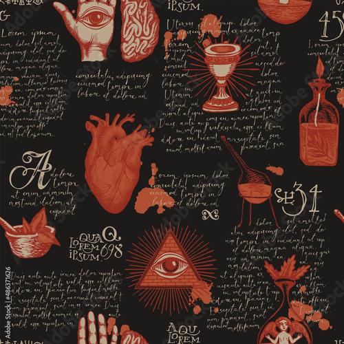 Hand-drawn vintage seamless pattern on the theme of occultism, satanism and witchcraft. Abstract vector background with ominous sketches, handwritten text lorem ipsum and red drops on a black backdrop