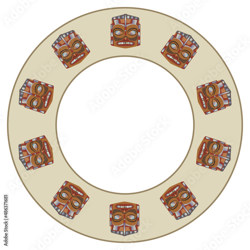 Round ethnic frame with Native American masks of Haida Indians. Circular border.