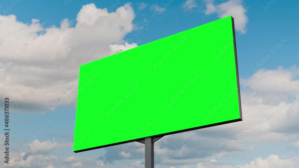 Blank green billboard or large advertising display and moving white clouds against blue sky - timelapse. Chroma key, green screen, template, mock up, copy space and time lapse concept Blank green billboard or large advertising display and moving white clouds against blue sky - timelapse. Chroma key, green screen, template, mock up, copy space and time lapse concept