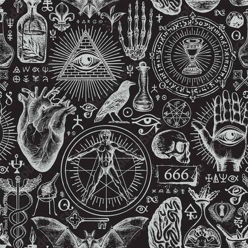 Abstract hand-drawn seamless pattern on a theme of occultism, satanism and witchcraft in vintage style. Monochrome vector background with ominous sketches. Chalk drawings on a black backdrop photo