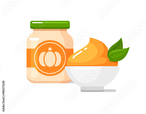 Pumpkin puree in baby food jar with label and white bowl. Kids nutrition icon. Vector colorful flat illustration isolated on background