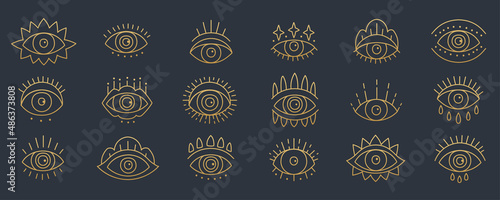 Line art icon set of evil seeing eye. Gold mystic esoteric amulet talisman signs in linear style. Hand drawn various Turkish symbol eye talismans.