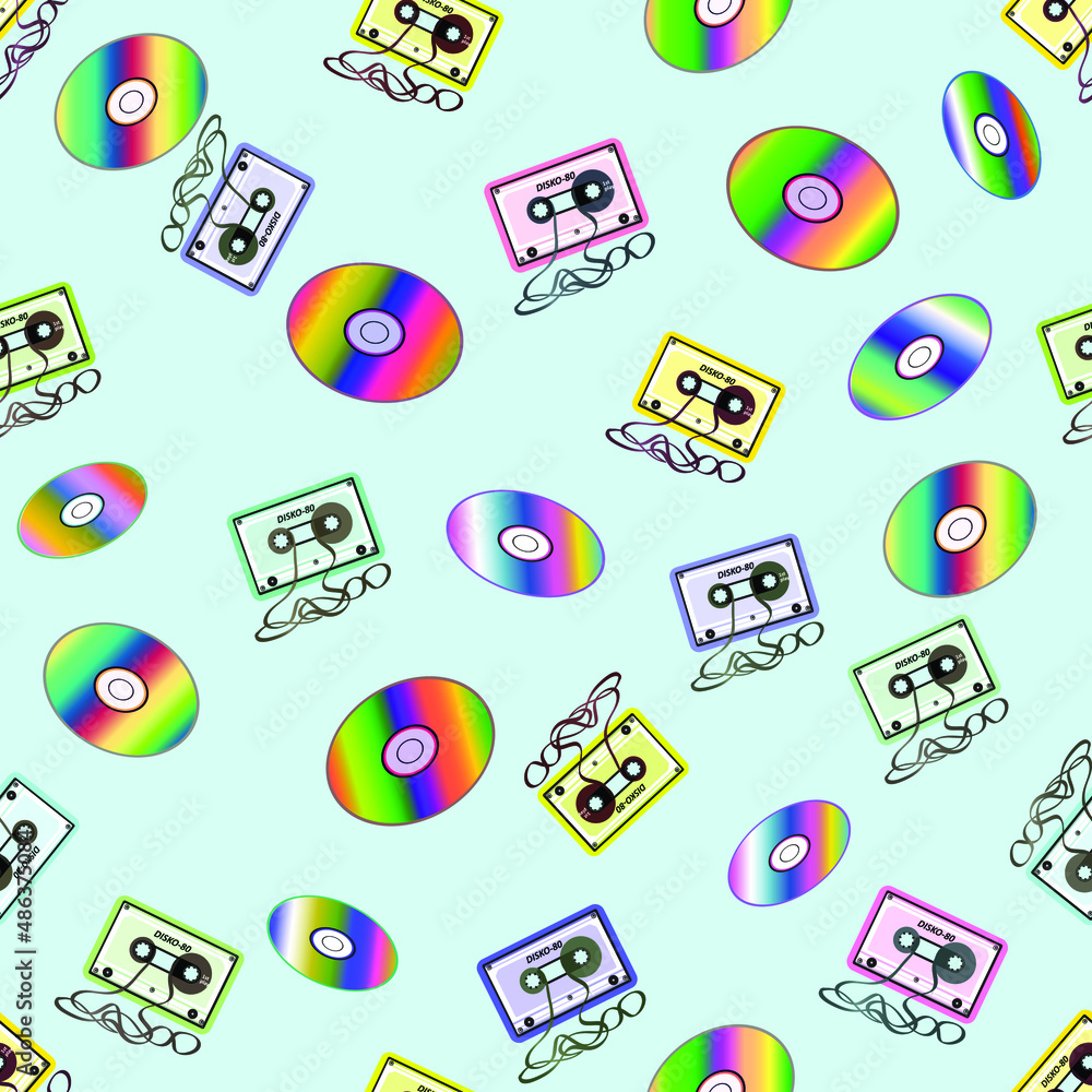CDs and audio cassettes. Cheerful seamless pattern in retro style. CDs and audio cassettes. Cheerful seamless pattern in retro style.
