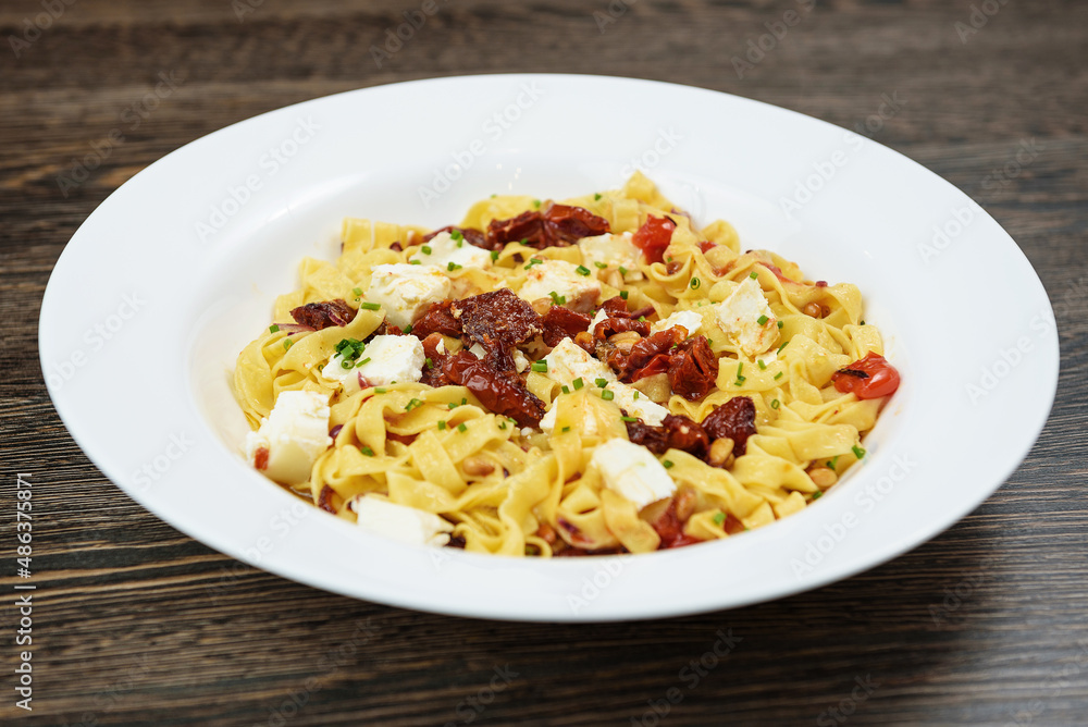 Hot dishes with pasta, cheese, vegetables and meat Hot dishes with pasta, cheese, vegetables and meat