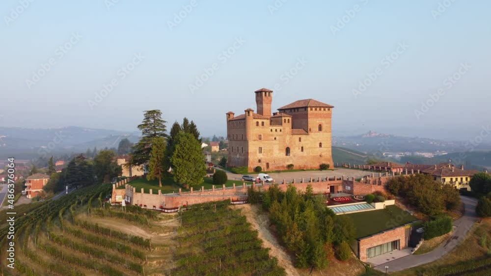 Grinzane Cavour in Langhe vineyards and its Medieval Castle, Piedmont Italy aerial view (Piemonte) Grinzane Cavour in Langhe vineyards and its Medieval Castle, Piedmont Italy aerial view (Piemonte)
