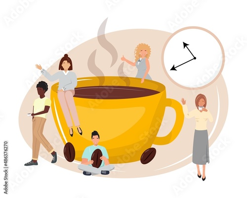Group of people taking a coffee break and talking. Huge cup of coffee with small people around. Office communication concept illustration. Collegues at the coffee break enjoying the time together.