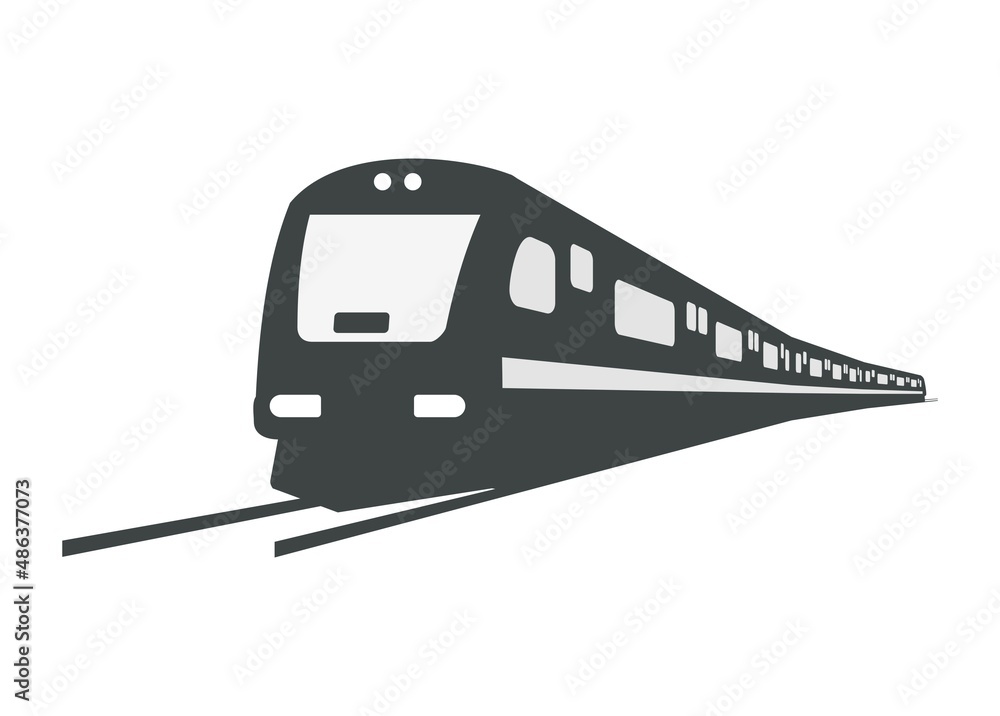 Streamline commuter train turning. Silhouette illustration in perspective view.. - obrazy, fototapety, plakaty 
