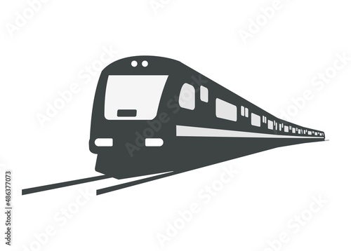 Streamline commuter train turning. Silhouette illustration in perspective view.. photo