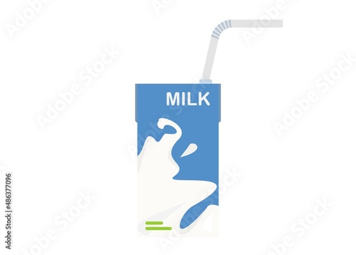 Milk in small carton packaging with straw. Simple flat illustration photo