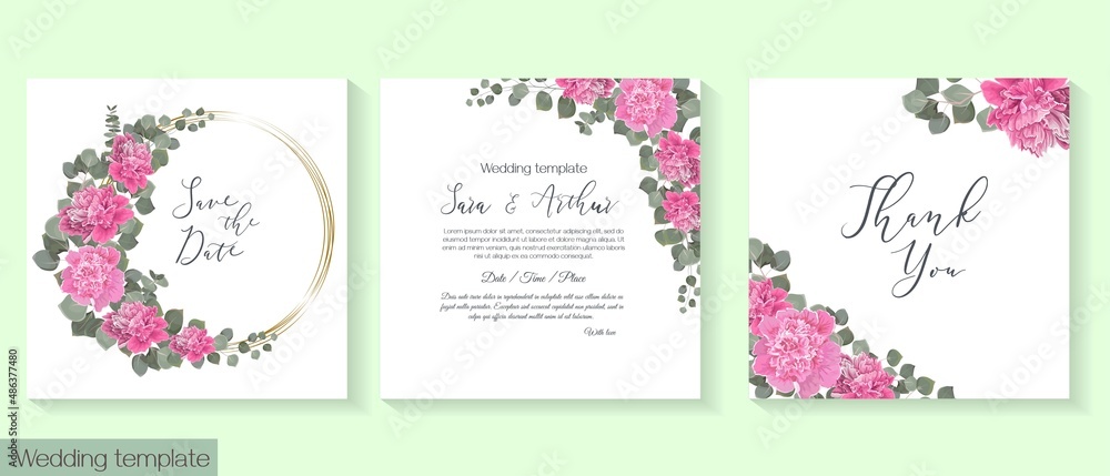 Vector template for wedding invitation. Pink peonies, eucalyptus, green leaves and plants, round frame.