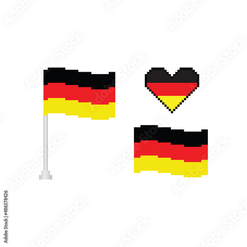 pixel Germany flag, vector German heart and wave  flag on a pole set. Pixel design for 8 bit games  