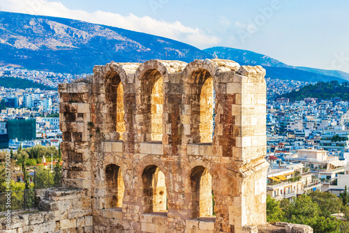 Acropolis of Athens Odeon of Herodes Atticus Amphitheater ruins Greece.