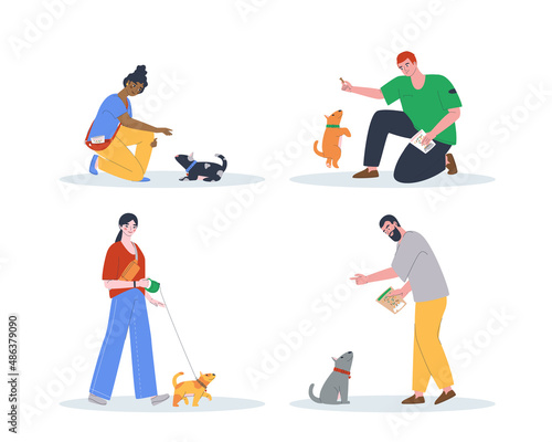 A collection of stories - the owner of a pet walks and teaches his puppy commands. People communicate with their dogs. Flat vector illustration. EPS10