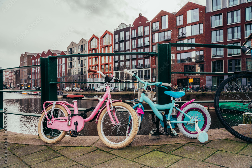 Small children's bicycles in Amsterdam. 