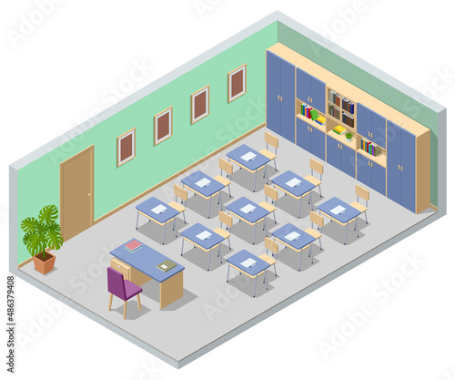 Isometric empty school classroom. Education. Classroom design with modern desks, seats and blackboard. Back to school concept.