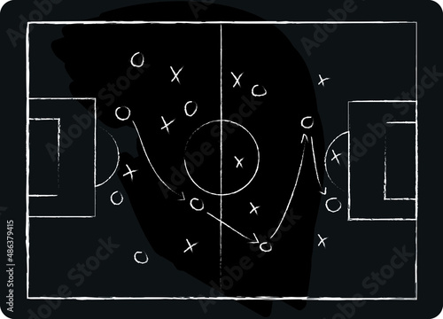 Soccer game tactical scheme with football players and strategy arrows. Vector chalk graphic on black board