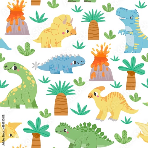 seamless cartoon pattern with cute dinosaurs, trees and palm in Scandinavian style. Kids print with funny dino for fabric, wallpaper, textile.Vector illustration