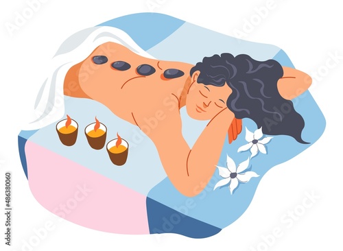Hot stones massage procedure in spa salon vector