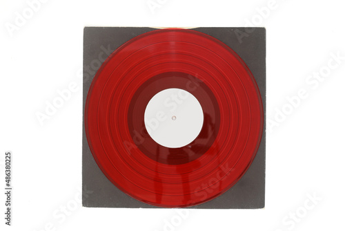 Aged black paper cover and red vinyl LP record isolated on white background