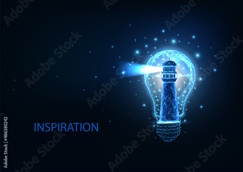 Futuristic smart idea concept with glowing low polygonal lighthouse inside of light bulb isolated on dark blue 