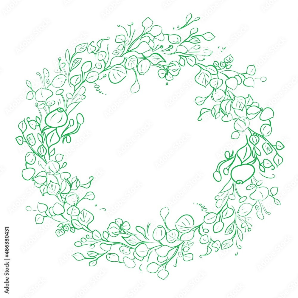 Spring flower arrangement, round shape, greeting frame, hand-drawn illustration, idea for a postcard for spring holidays Spring flower arrangement, round shape, greeting frame, hand-drawn illustration, idea for a postcard for spring holidays
